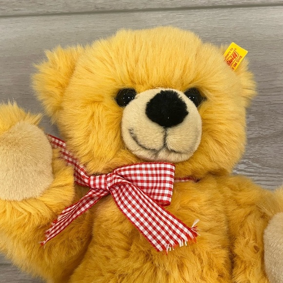 Steiff 12" Bobby Teddy Bear 013379 Golden Yellow Friend Red Bow Brass Button Tag - Picture 2 of 6